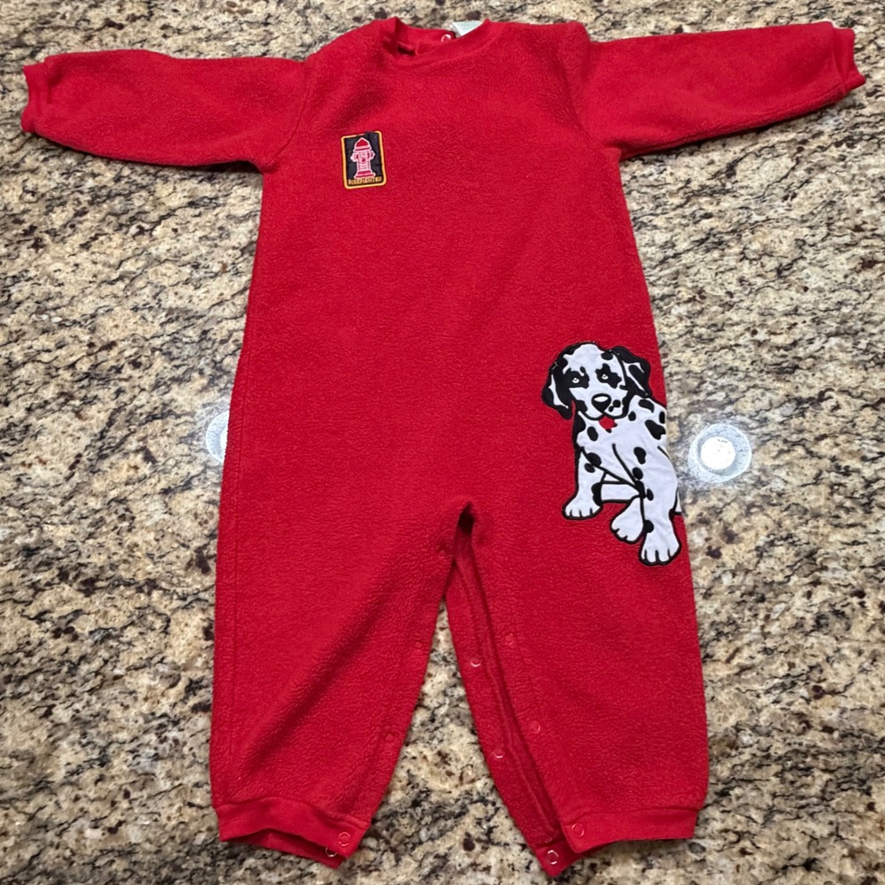Vintage Okie Dokie Red Fleece Dalmatian Firefighter Romper Boy 24M One-Piece